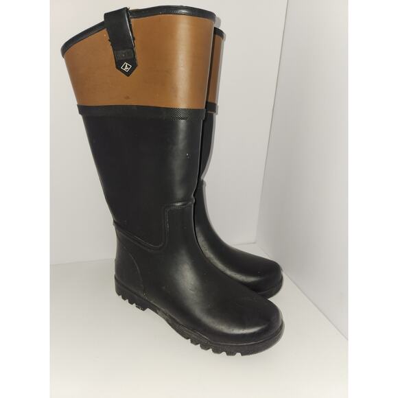 Sperry womens size 7 black‎ and tan rubber rain boots - Picture 1 of 6